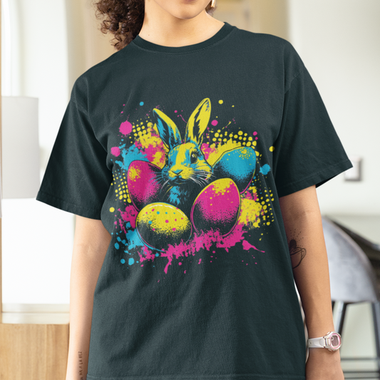 Easter Bunny Pop-Art Tee, Vibrant Graphic T-Shirt for Casual Wear, Neon Easter Rabbit Shirt, Festive Easter Egg Design, Playful Holiday Top