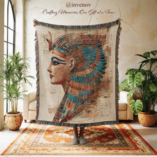 Egyptian Queen Woven Blanket, Ancient Style Tapestry Throw, Egypt Cleopatra Art, History Lover Gift, Boho Museum Decor, Archaeology Present