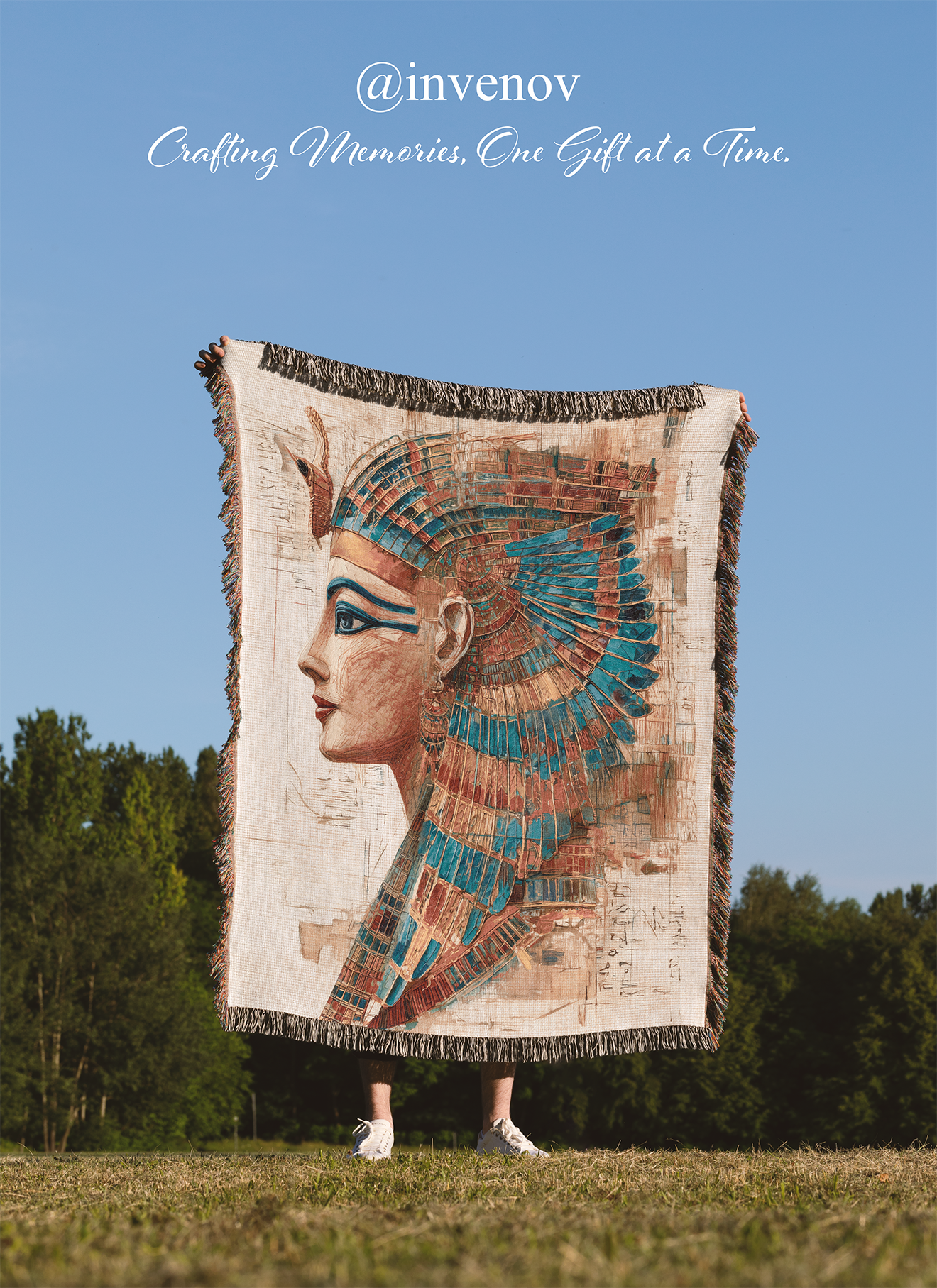 Egyptian Queen Woven Blanket, Ancient Style Tapestry Throw, Egypt Cleopatra Art, History Lover Gift, Boho Museum Decor, Archaeology Present