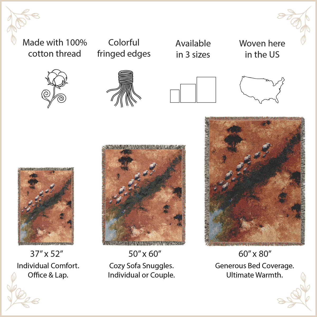 A product information graphic for a woven blanket. The image features a large and small size comparison of the rug with text labels: '37" x 52" Individual Comfort.