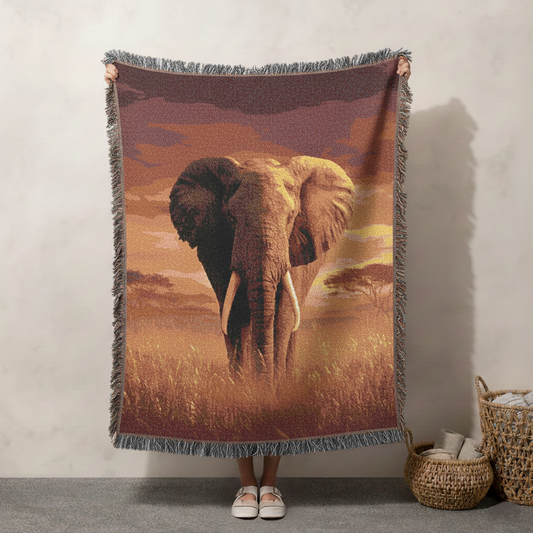Elephant Woven Blanket, Safari Art Throw, Earth-Tone Wildlife Tapestry for Modern Boho Home Decor, Elephant Lover Gift,  Sofa Bed Cover