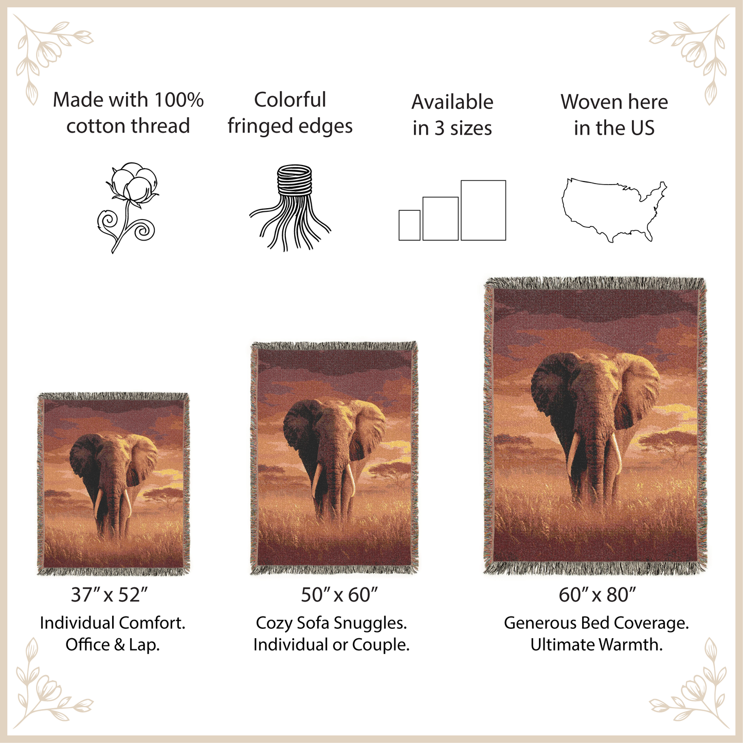 Elephant-themed woven blankets with size options and features listed.