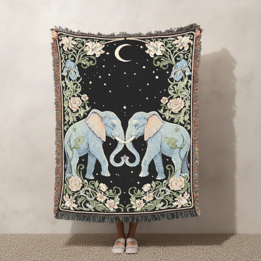 Elephant Woven Blanket, Celestial Tapestry, Romantic Couple Jacquard Throw, Moon Stars Art, Art Nouveau Botanical, Anniversary Wedding Gift