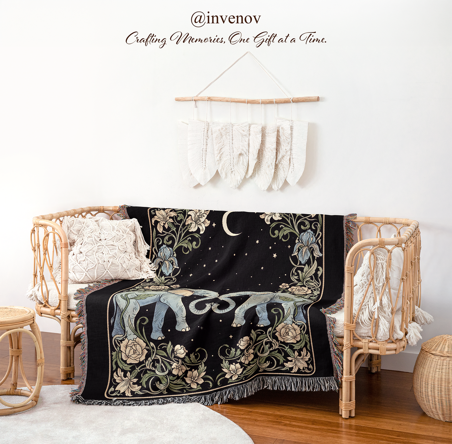 Decorative blanket with celestial design on a wooden table