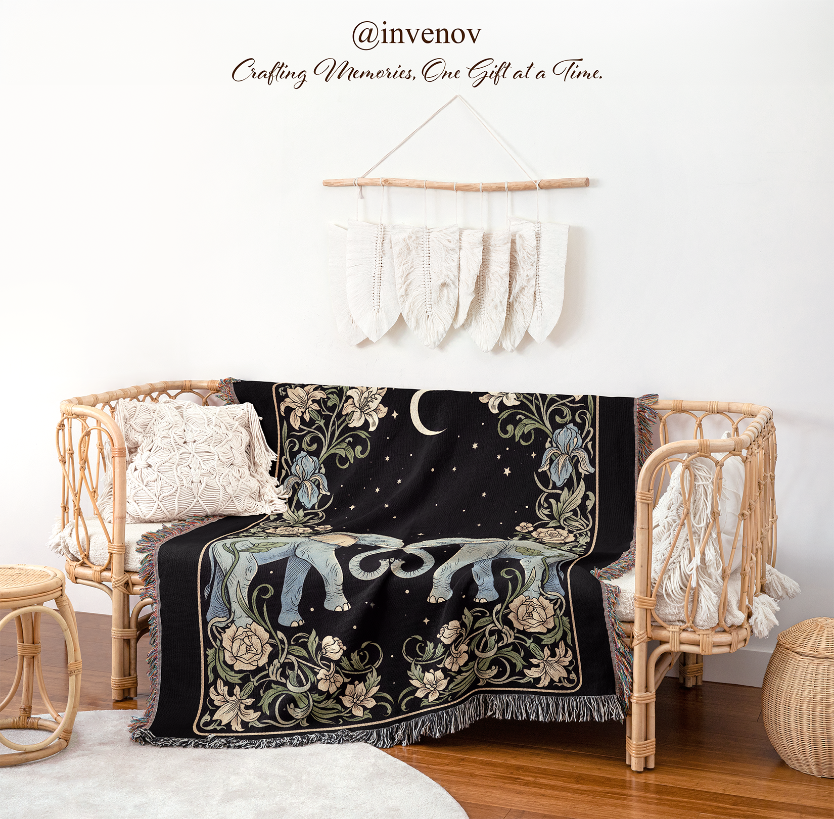 Decorative blanket with celestial design on a wooden table