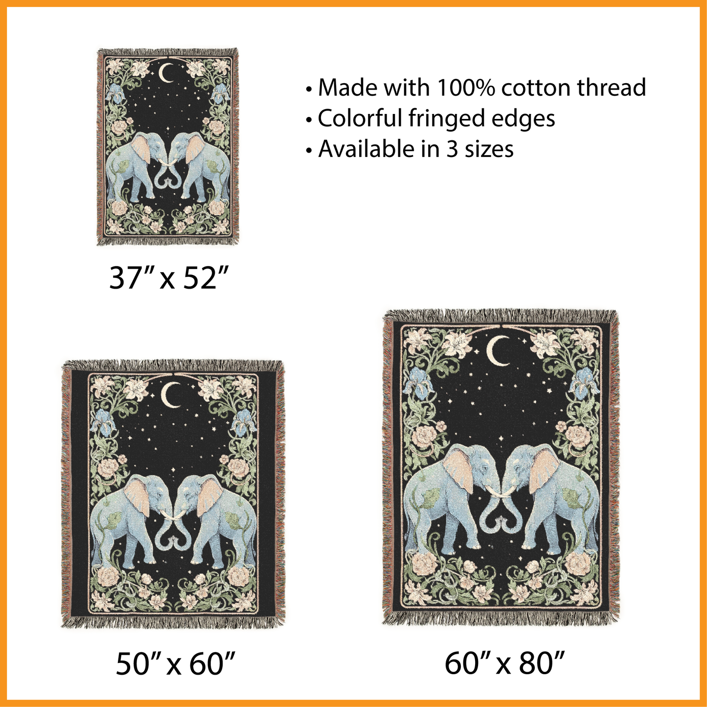 Elephant Woven Blanket, Celestial Tapestry, Romantic Couple Jacquard Throw, Moon Stars Art, Art Nouveau Botanical, Anniversary Wedding Gift