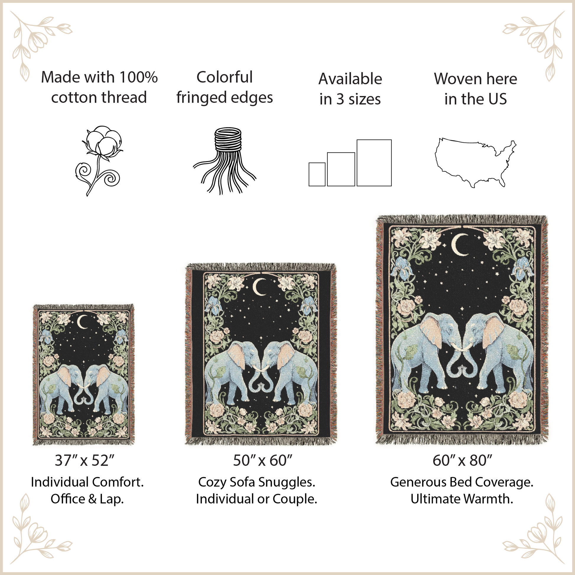 Woven tapestry with elephants and decorative elements, featuring size options and material details.