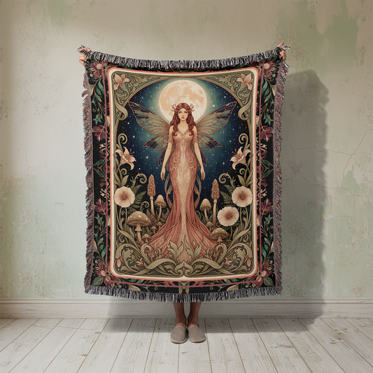 Fairy Woven Blanket, Art Nouveau Tapestry, Celestial Moon Wall Hanging, Dark Cottagecore Jacquard Throw, Whimsigoth Mushroom Fantasy Gift
