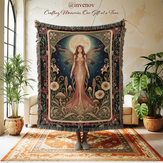 Decorative tapestry with fairy design in a room with plants and furniture.