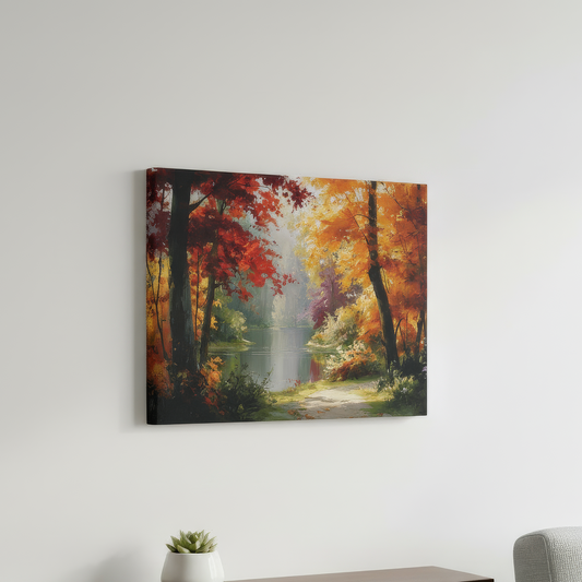 Canvas print of a forest scene with autumn colors hanging on a wall above a wooden shelf.
