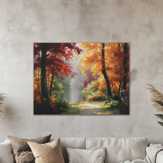 Fall Season Canvas Art, Autumn Landscape Print, Forest Path Wall Decor, Fall Foliage Painting Style, Watercolor Style, Seasonal Home Decor