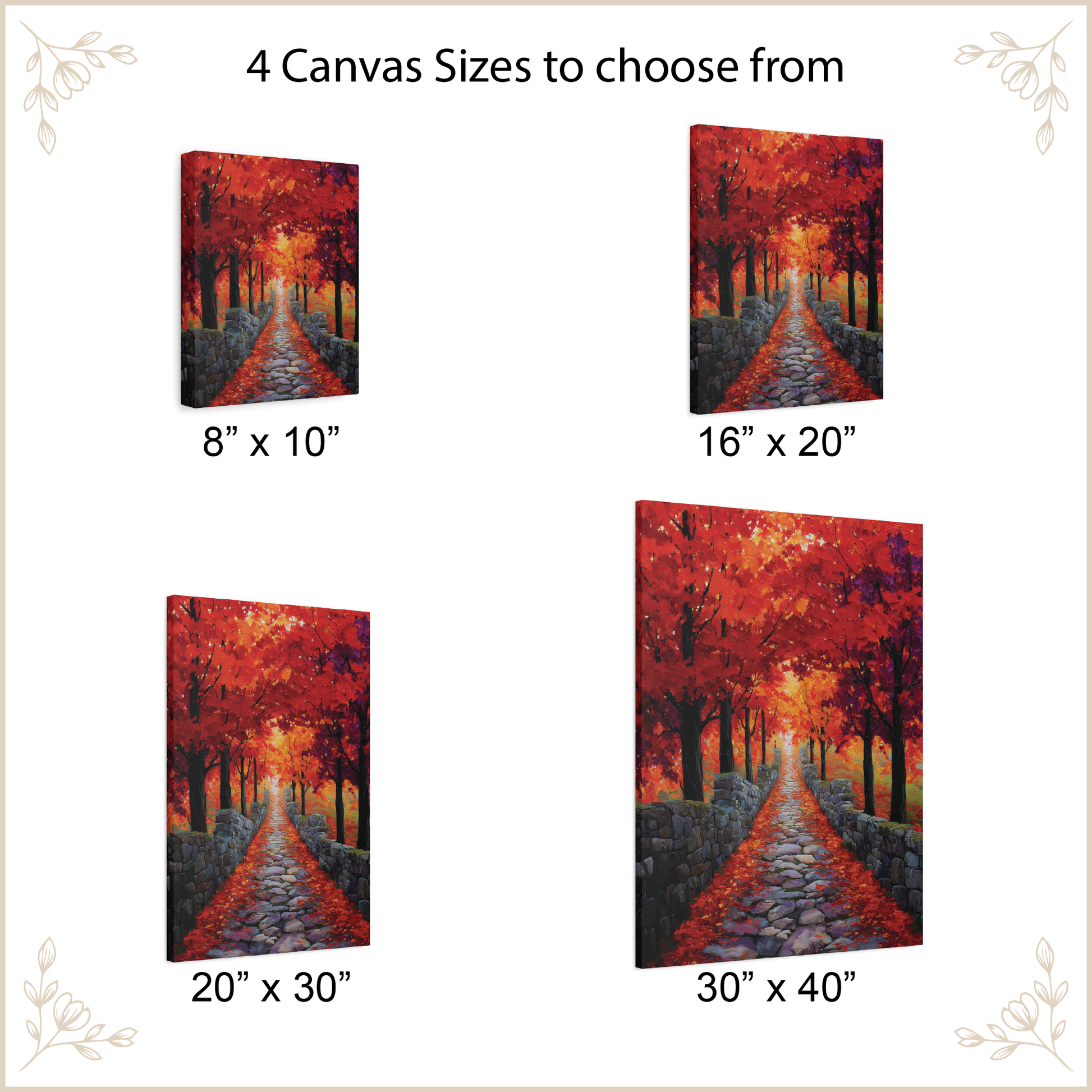 Canvas prints of a forest path scene in various sizes with text indicating choices.