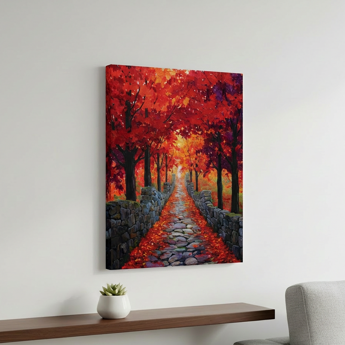 Painting of a fiery forest path on a wall above a wooden shelf with a plant and gray sofa.