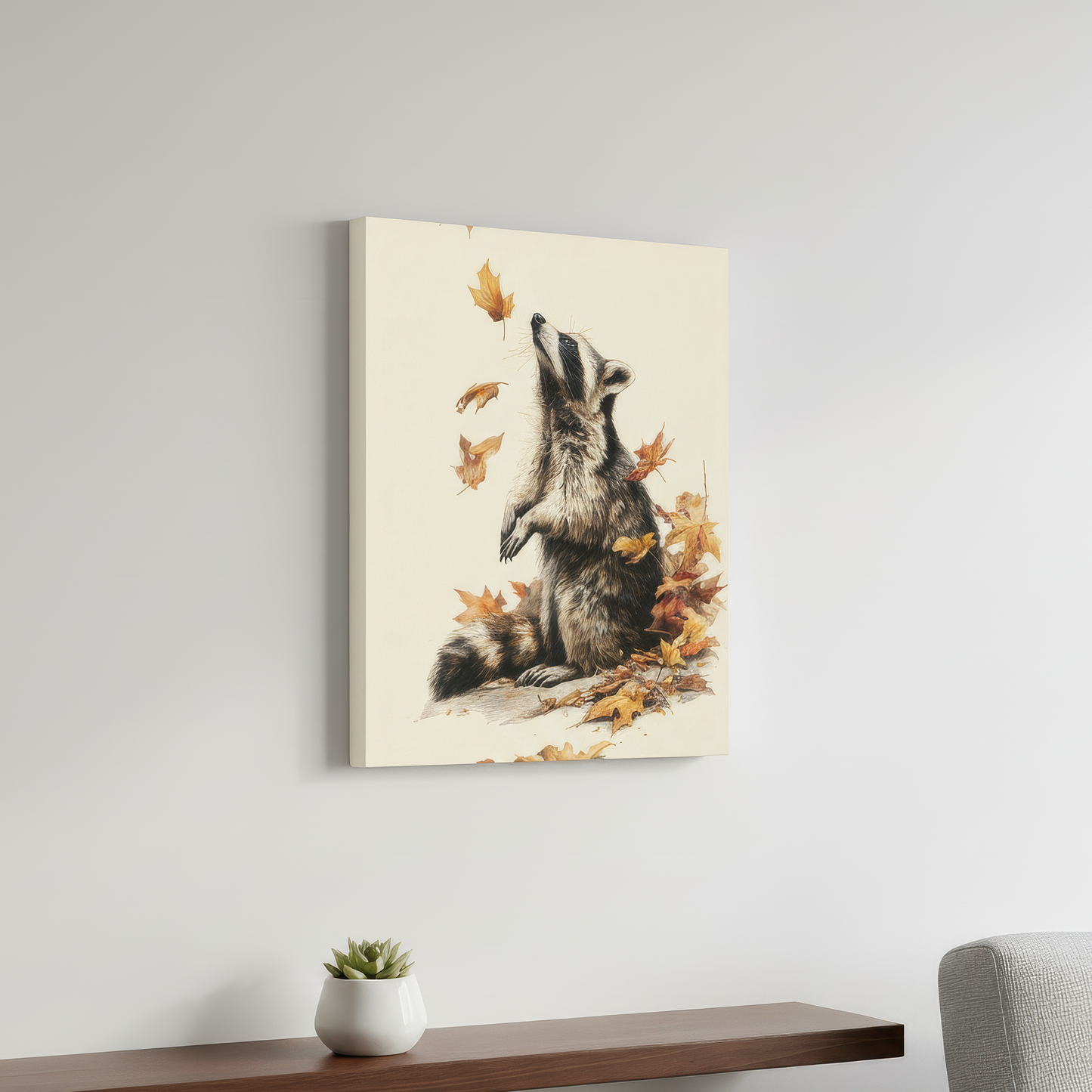 Raccoon and Autumn Leaves Art Print, Cottagecore Wall Art Poster, Woodland Nursery Decor, Whimsical Animal Canvas, Fall Goblincore Gift