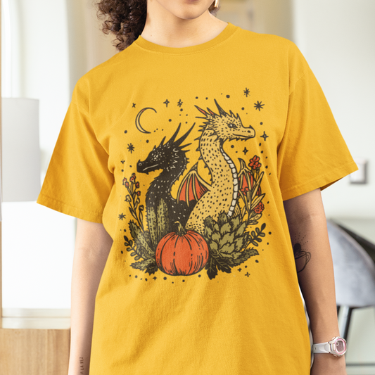Dragon Fall Season Fantasy Shirt, Mystical Autumn Scene Shirt, Cute Dragons Halloween Tee, Enchanted Fall T-Shirt, Celestial Moon Stars Tee
