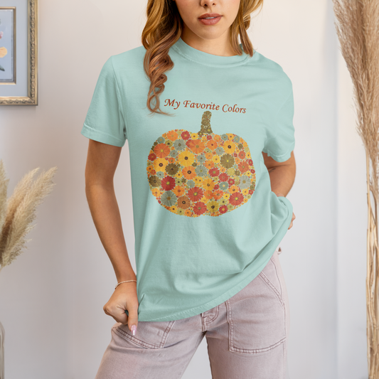 Comfort Colors Pumpkin Flower T-Shirt, Autumn Floral Tee, My Favorite Colors Fall Shirt, Cute Harvest Festival Top, Thanksgiving Shirt