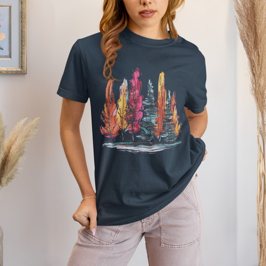 Comfort Colors Fall Forest Hand-Painted Style Shirt, Nature Lover Gift, Artistic Tree Tee, Outdoor Enthusiast Top, Autumn Brushstroke Style