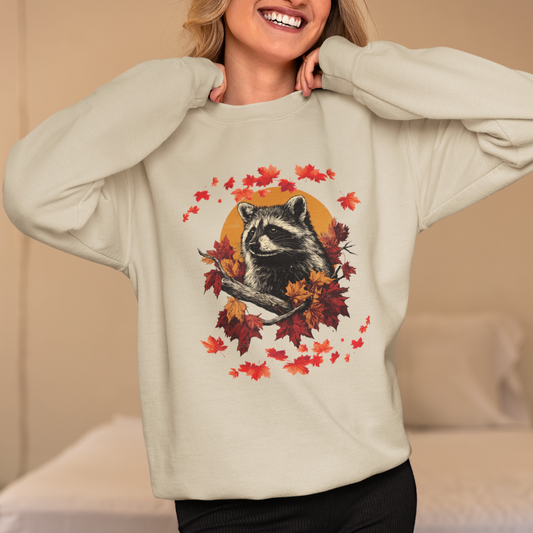 Autumn Raccoon Sweatshirt, Nature Lover Fall Crewneck, Cozy Autumn Leaves Jumper, Wildlife Gift, Outdoor Enthusiast Sweater