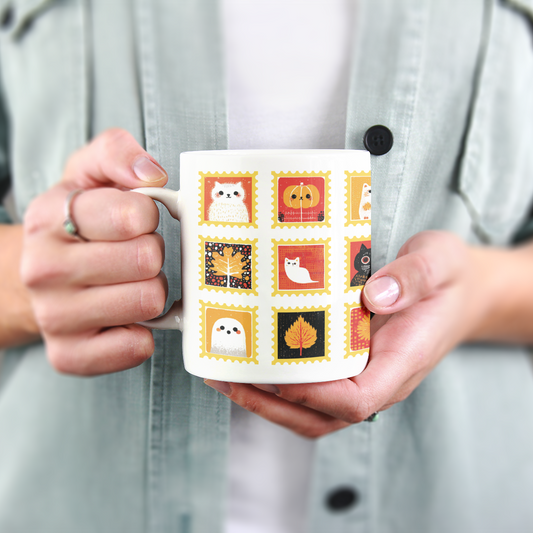 Autumn Halloween Ceramic Mug, Cozy Fall Coffee Cup with Cats, Pumpkins, Ghosts, Autumn Leaves, Thanksgiving Tea Cup, Autumn Home Decor