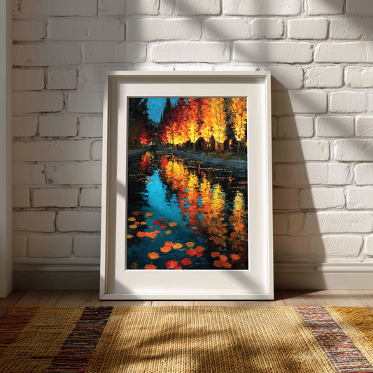 Autumn Reflections Impressionist Canvas or Poster Print, Golden Fall Trees and Colorful Leaves on River, Oil Painting Style Wall art