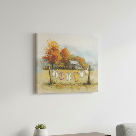 Canvas print of a landscape with trees and laundry hanging on a line, placed above a wooden shelf with a plant and a gray sofa.