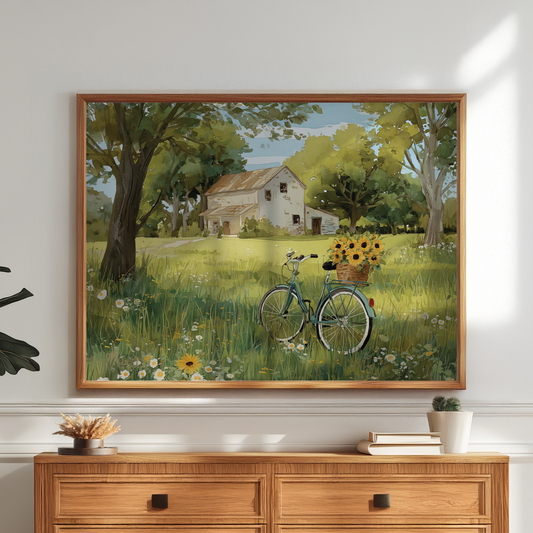 Rustic Country Serene Bicycle Meadow Scene Wall Poster Print, Tranquil Countryside Poster, Nostalgic Farmhouse Decor, Peaceful Rural Life