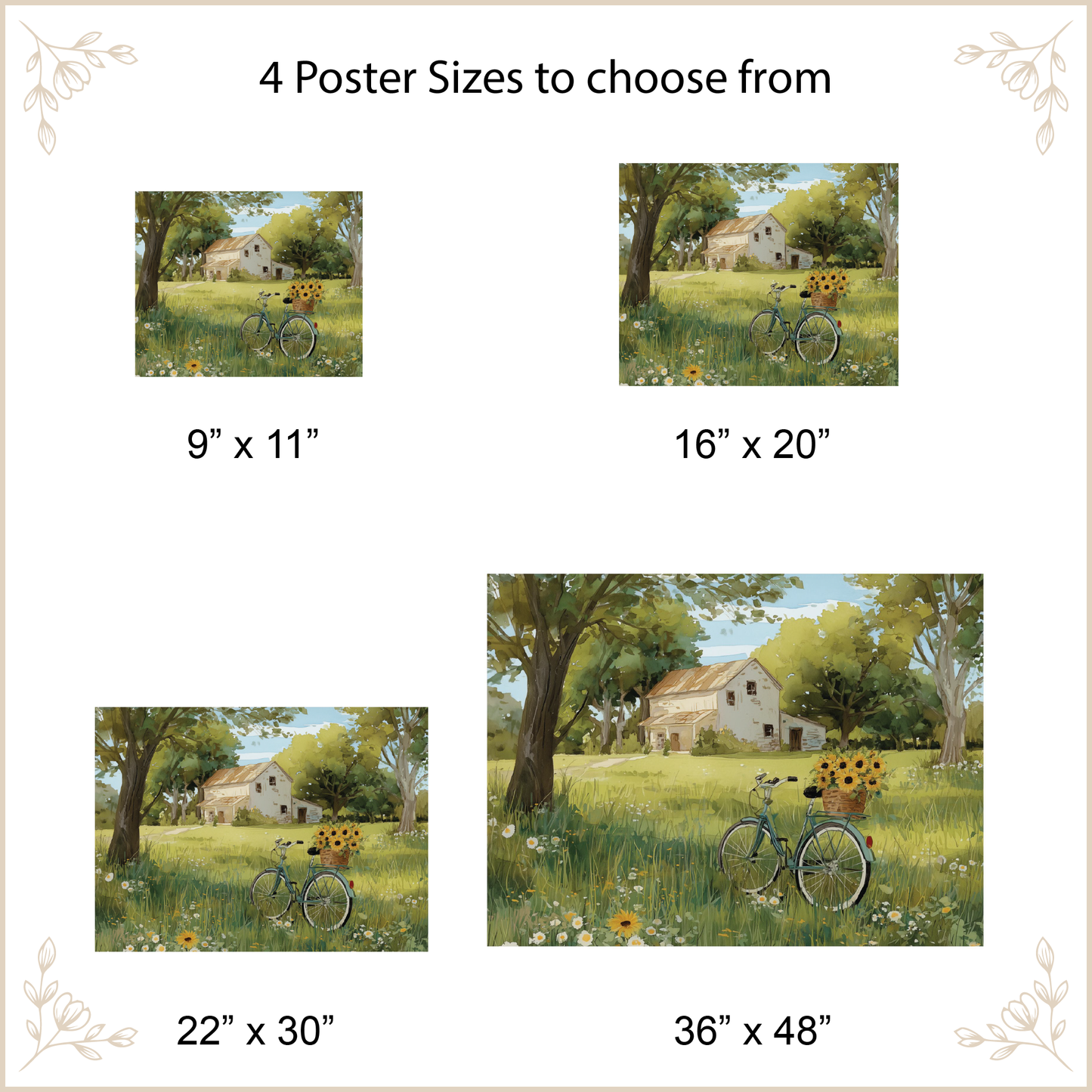 Poster size options with a scenic painting of a bicycle and house in a field.