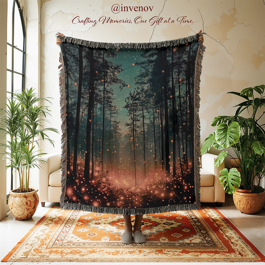 Forest-themed blanket displayed in a room with plants and a couch.