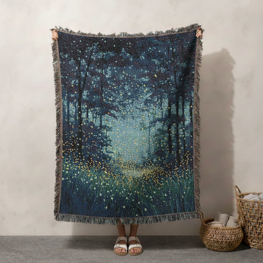 Woodland Night Magical Forest Tapestry Throw Woven Blanket, Magical Fireflies Blanket, Fairytale Bed Decor, Cozy Home Gift, Nature Lover