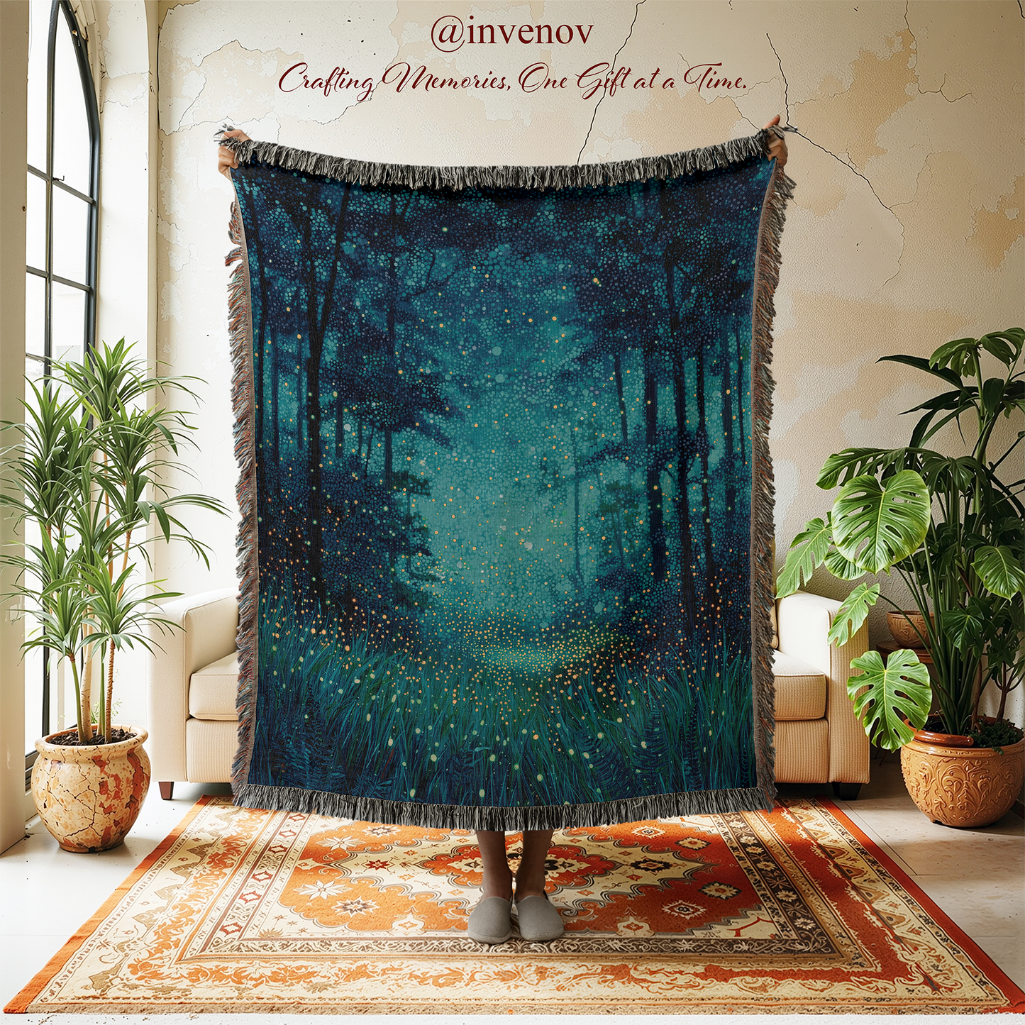 Teal forest-themed tapestry in a room with plants and furniture.