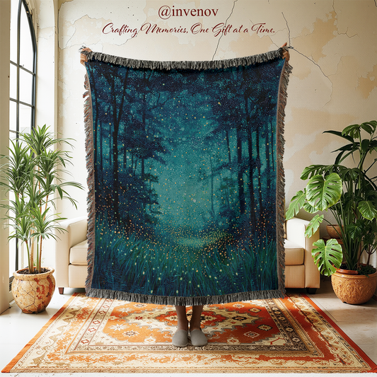 Teal forest-themed tapestry in a room with plants and furniture.