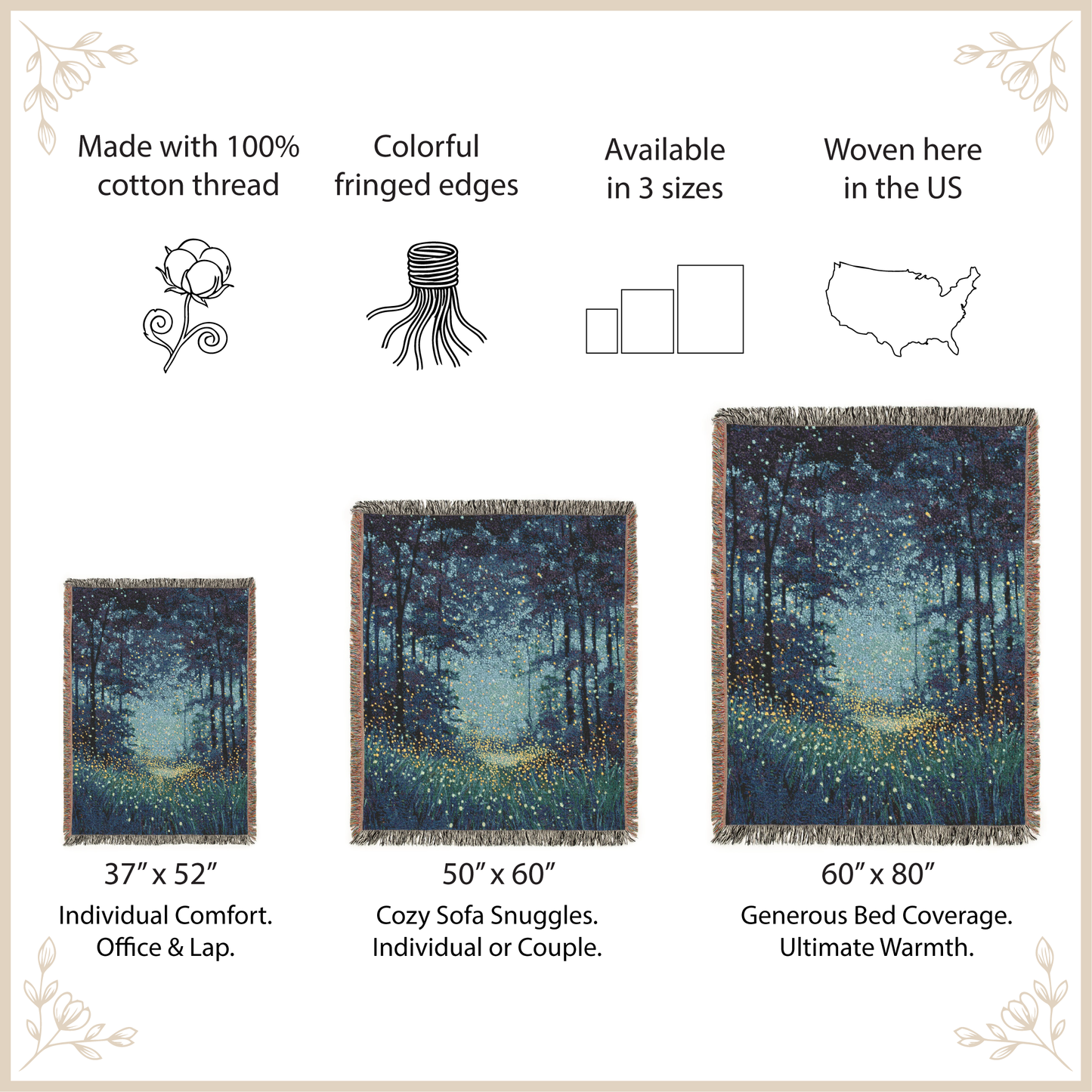 Woven blanket with forest design, size options, and features listed.