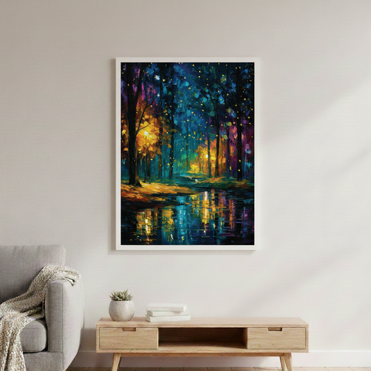 Enchanted Forest Fireflies Canvas or Poster Print, Vibrant Night Landscape Painting, Colorful Reflections Wall Art, Artistic Home Decor
