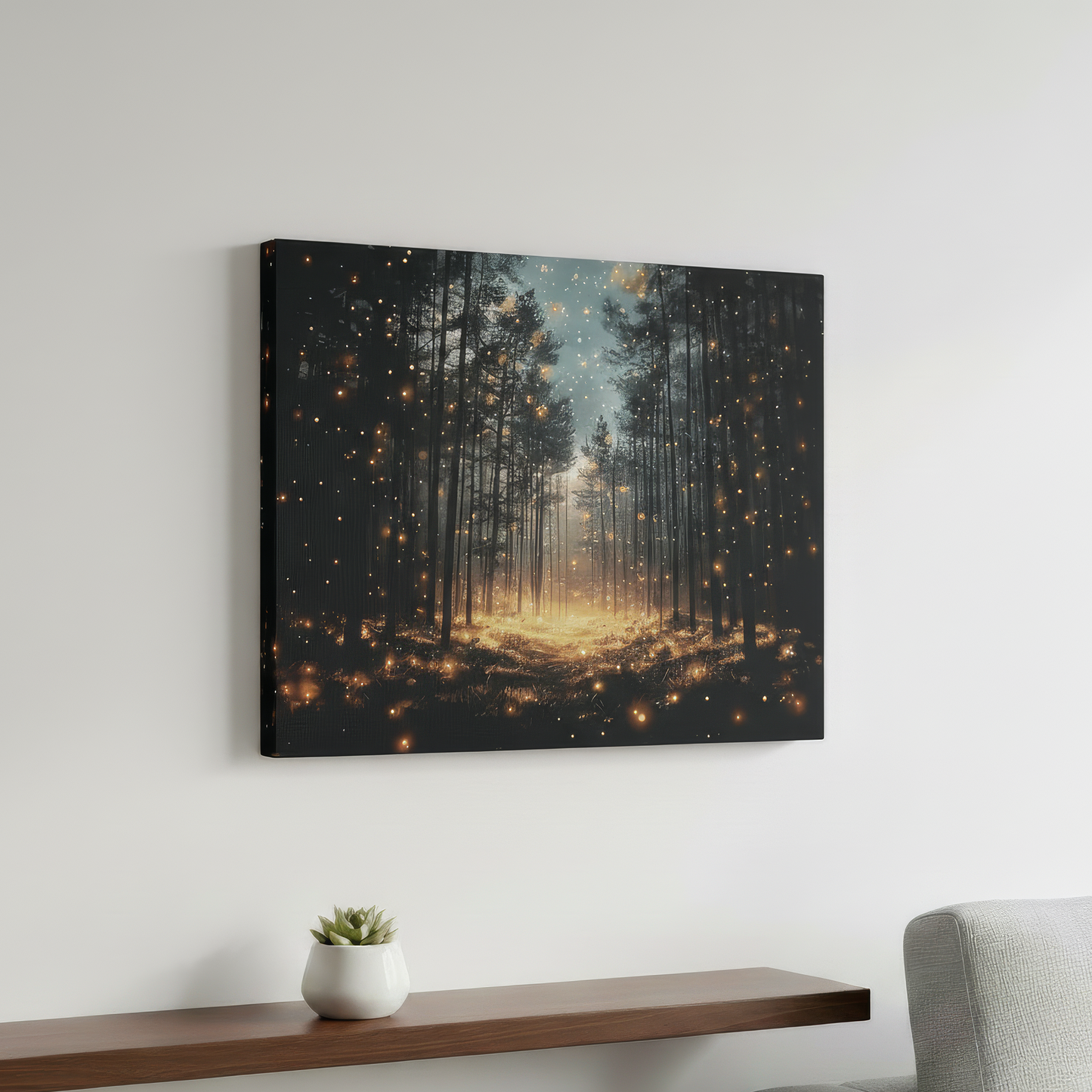 Canvas print of a forest scene with glowing lights on a wall above a wooden shelf.
