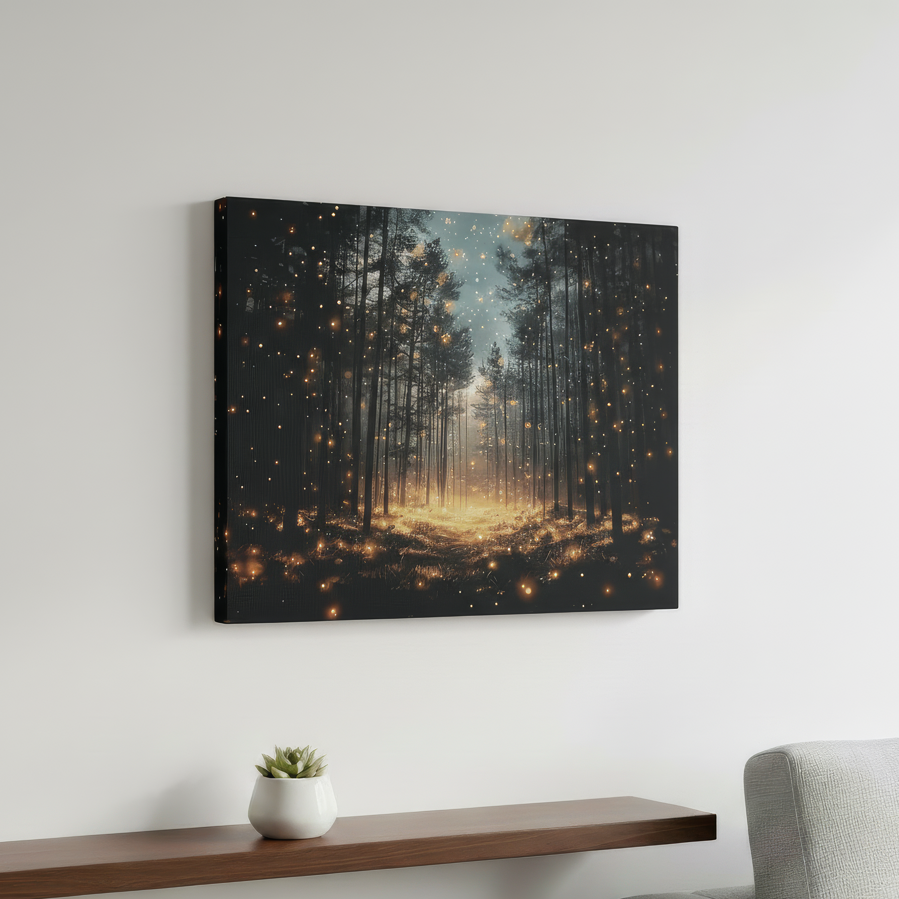 Canvas print of a forest scene with glowing lights on a wall above a wooden shelf.