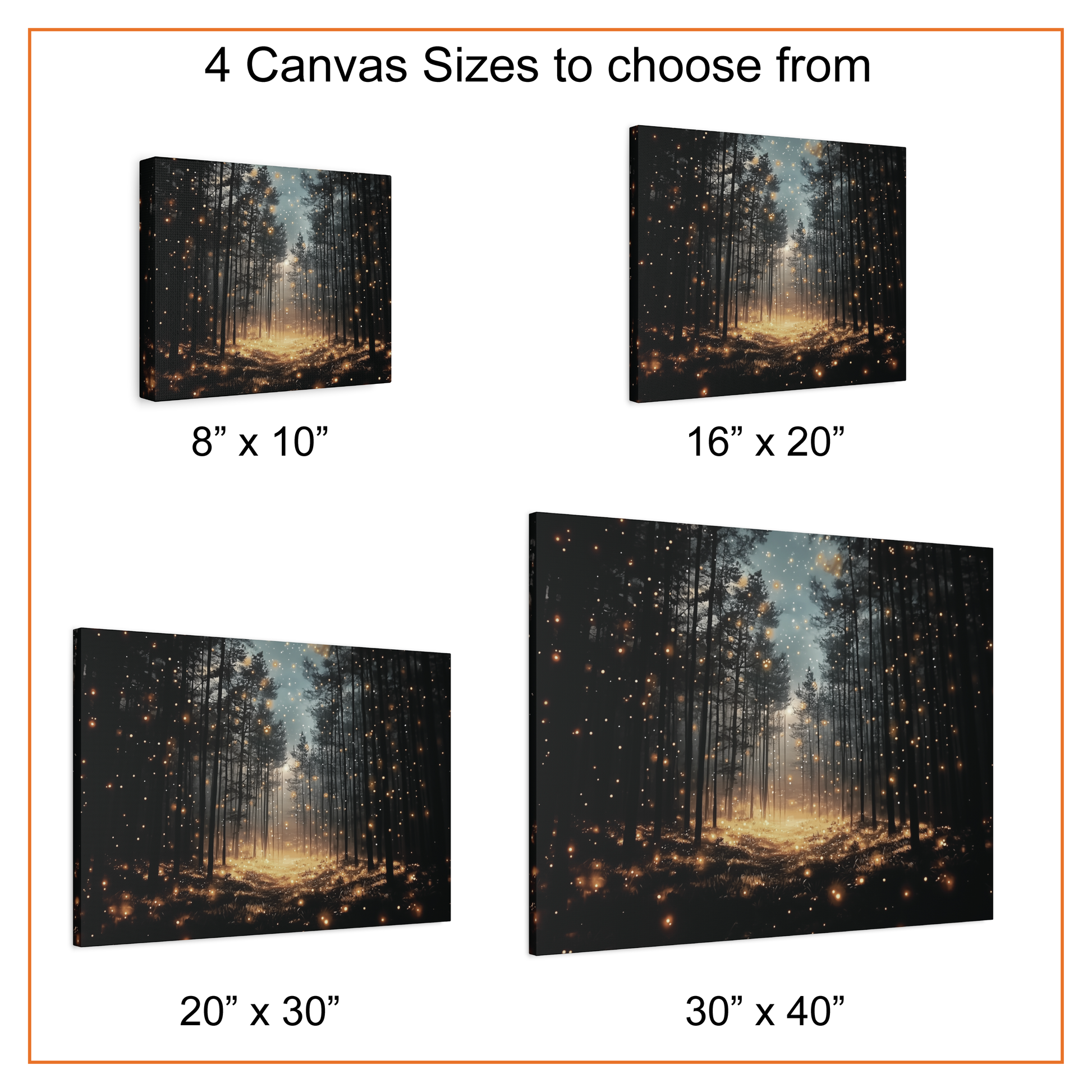 Canvas prints of a forest scene with different sizes displayed.