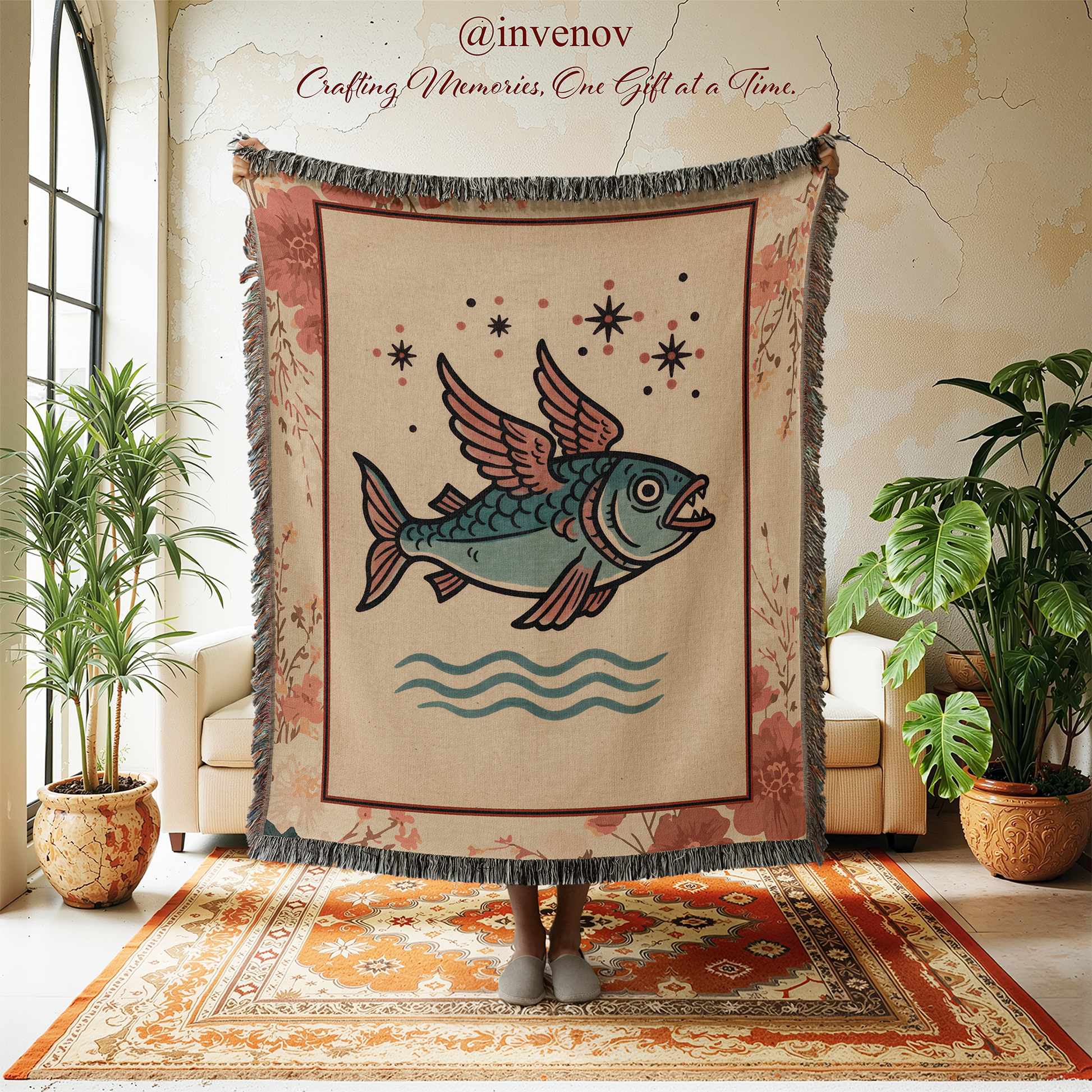Decorative fish-themed tapestry in a room with plants and furniture.