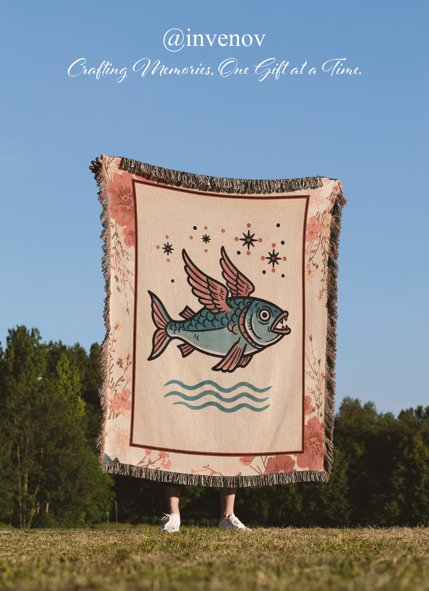 Blanket with a fish design held by a person outdoors