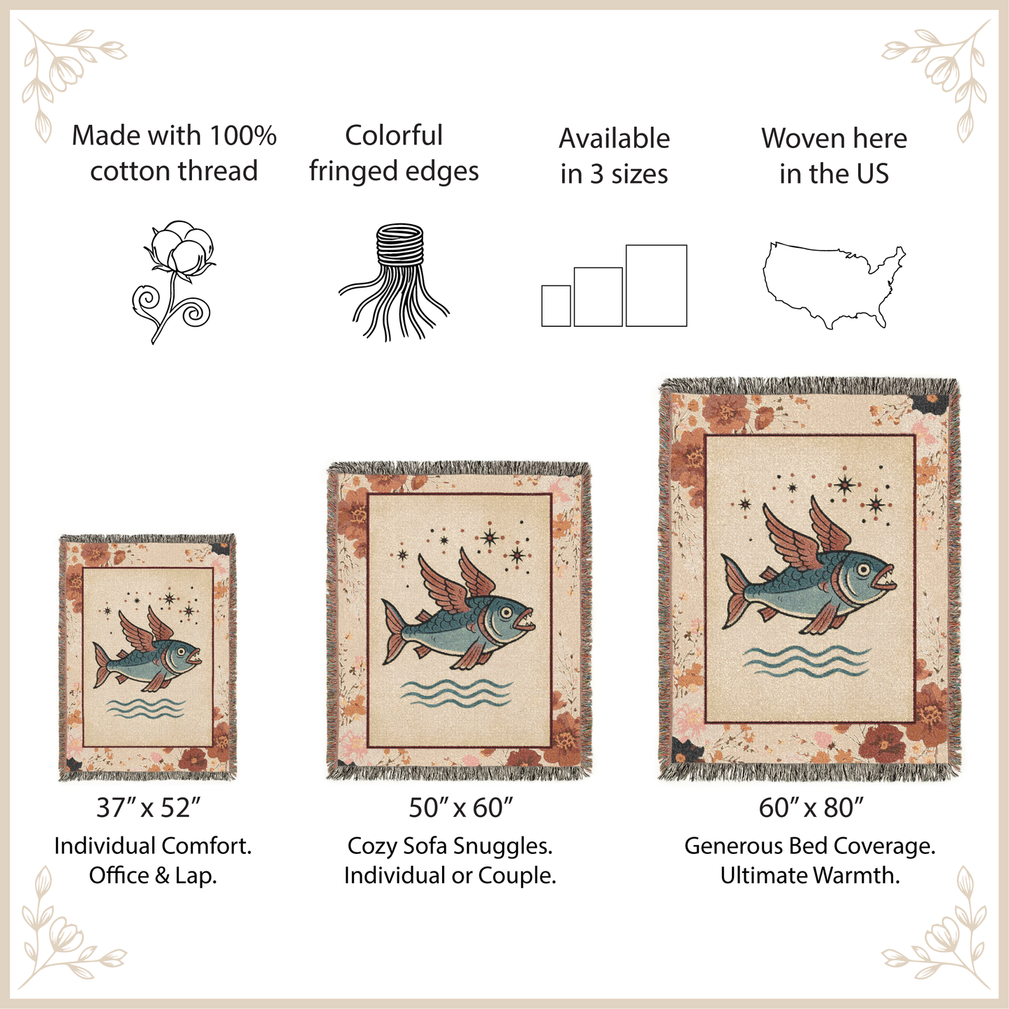Woven fish-themed tapestries with size options and features listed.