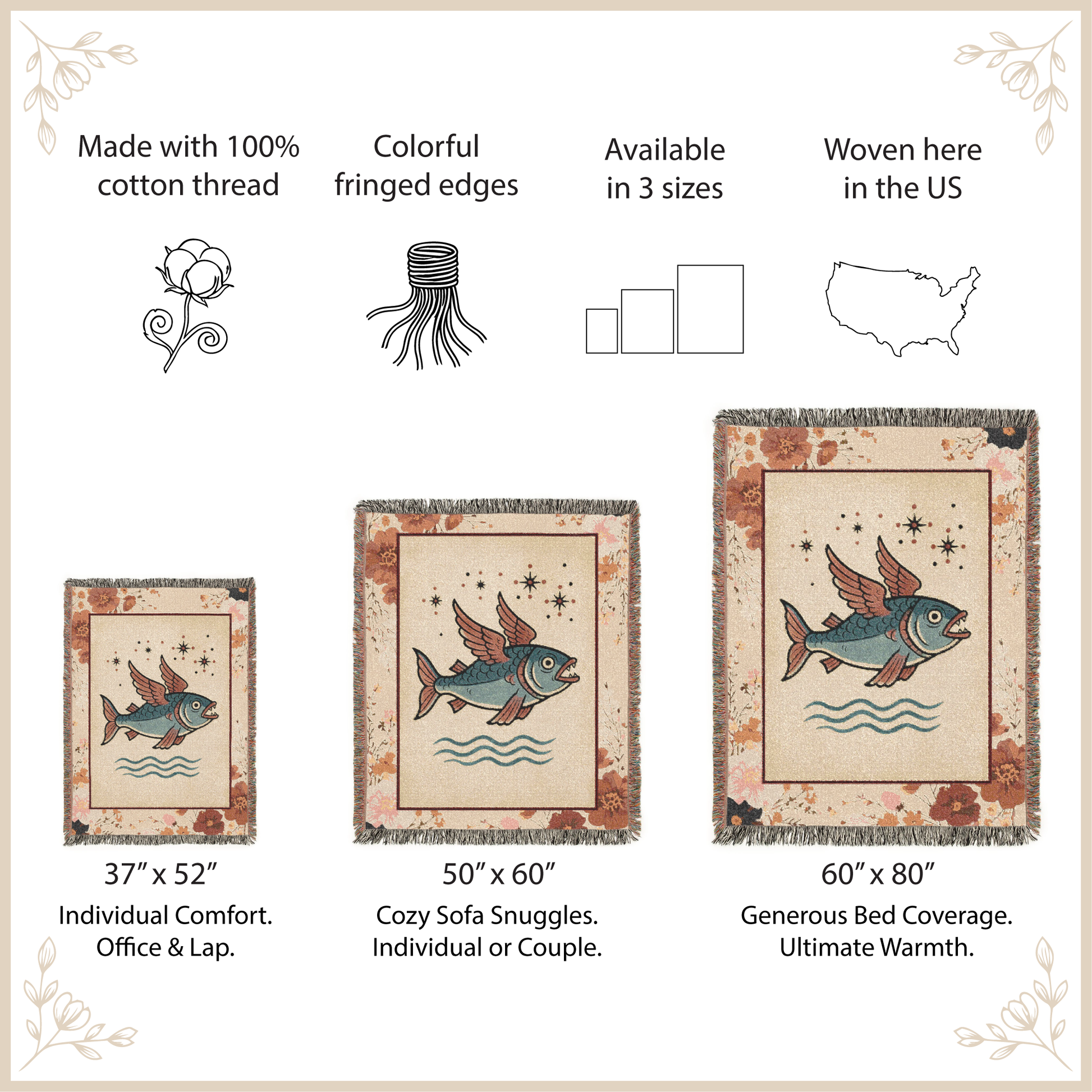 Woven fish-themed tapestries with size options and features listed.