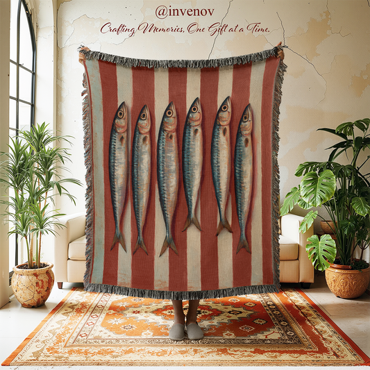Woven blanket with fish design in a living room setting