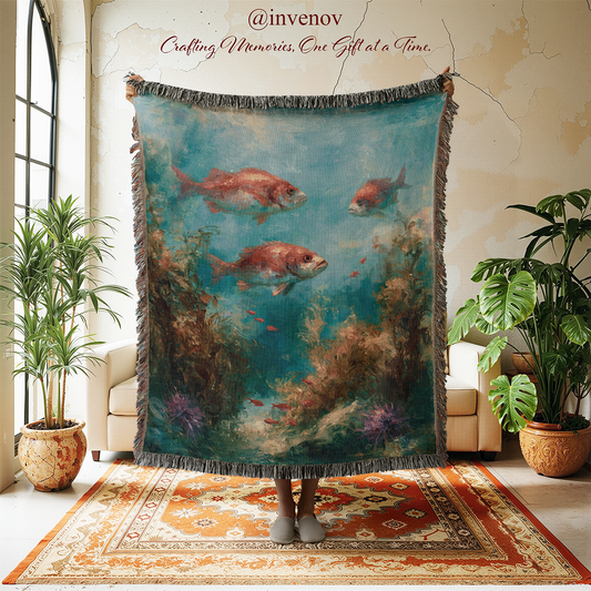 A large woven throw blanket with fringe is held up in a styled room. The blanket features a printed underwater scene with red fish, coral, and blue-green water.