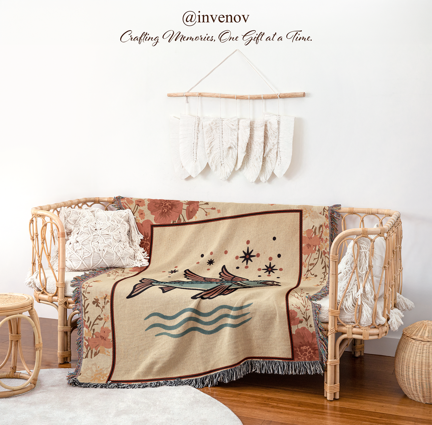 Decorative blanket with a fish design on a wicker chair
