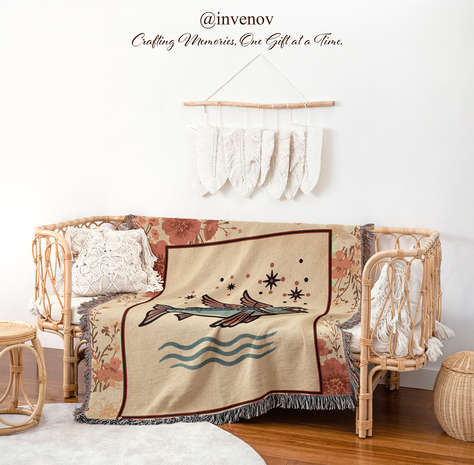 Decorative blanket with a fish design on a wicker chair