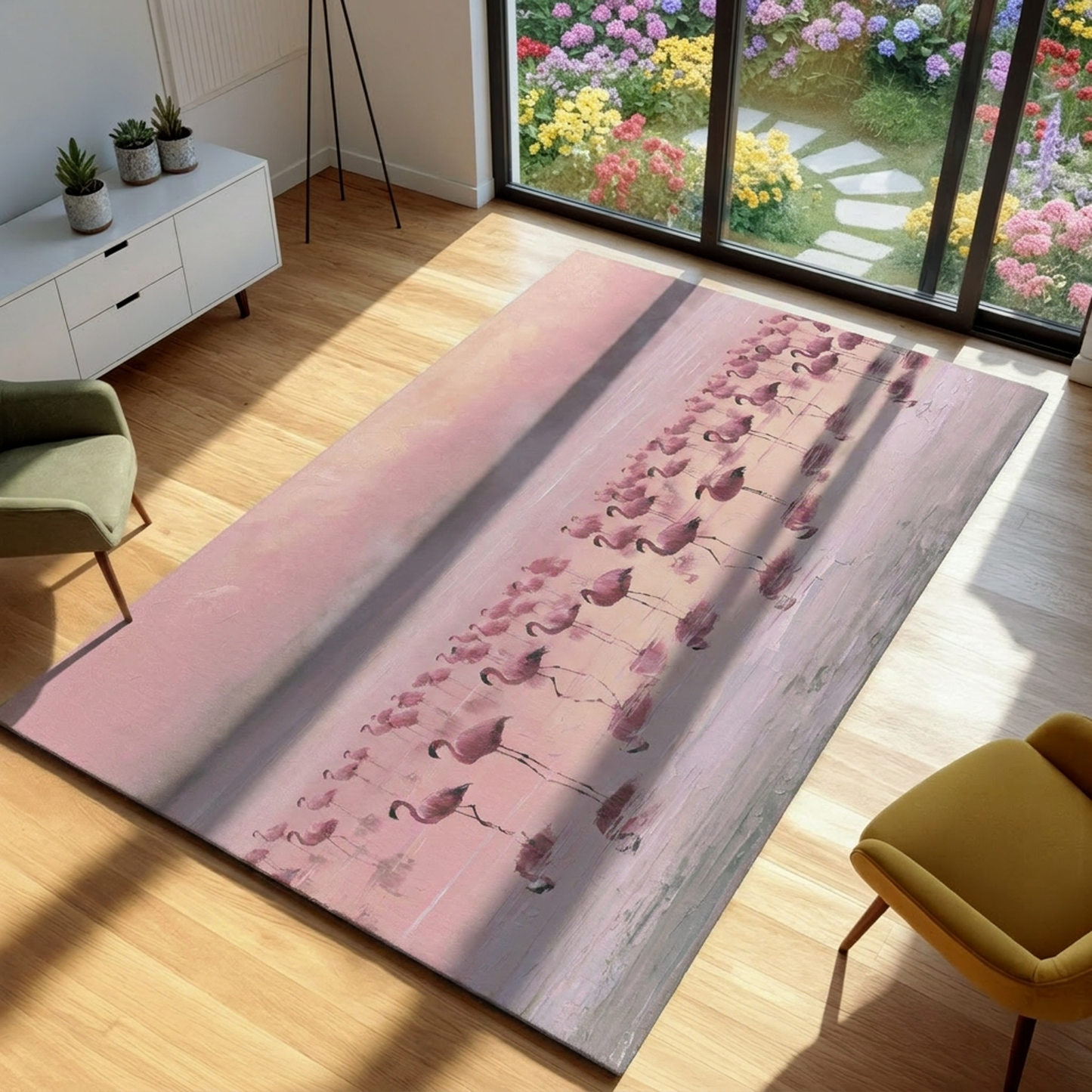 Flamingo-patterned rug on a wooden floor with a garden view outside.