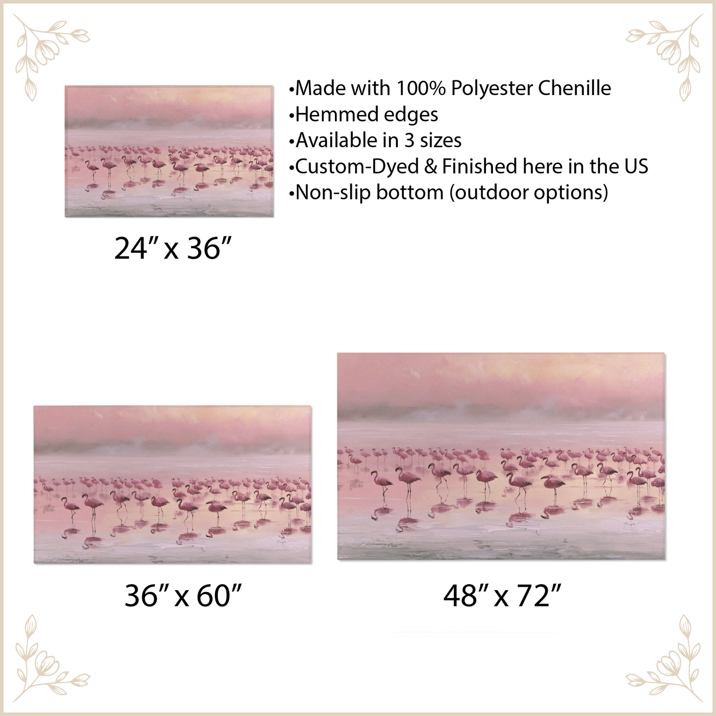 Floral patterned rug with size options and product details on a beige background