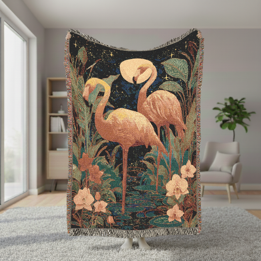 Flamingo Woven Blanket, Celestial Tropical Tapestry Wall Hanging, Vintage Moon Art Throw, Maximalist Botanical Decor, Bird Lover Gift