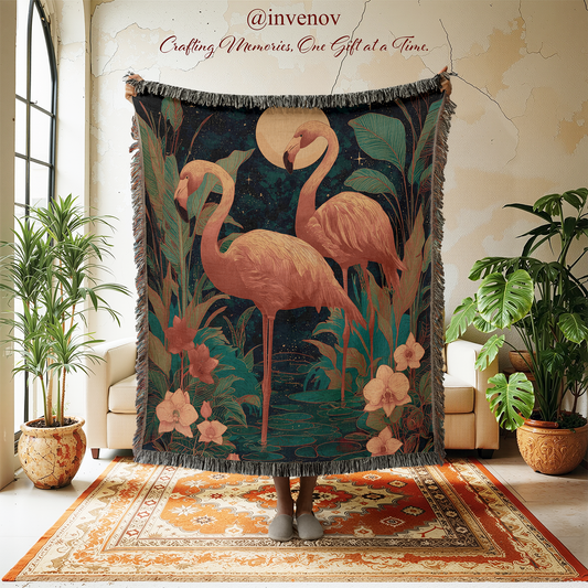 Floral and flamingo-patterned throw blanket displayed in a room with plants and furniture.