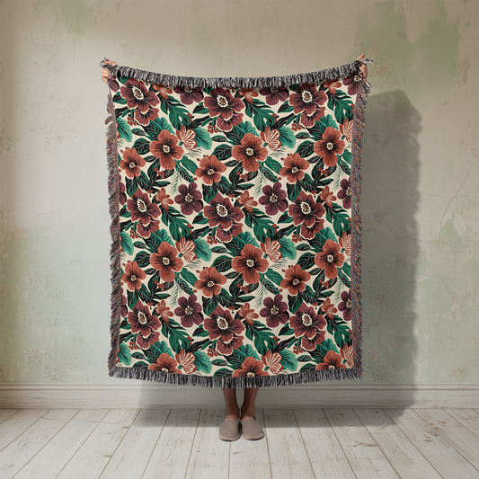 Floral Woven Blanket, Vintage Style Botanical Tapestry, Autumn Fall Jacquard Throw Blanket, Cottagecore Wall Hanging, Gift for Granny
