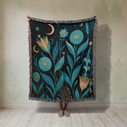 Celestial Floral Woven Blanket, Vintage Starry Night Folkart Tapestry Throw, Boho Botanical Jacquard Blanket, Cozy Couch and Bed Home Decor